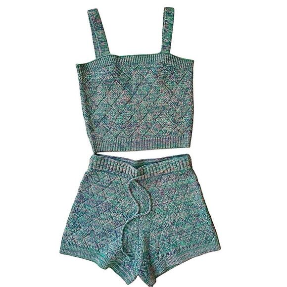 525 America Lattice Cable Knit Cami and Shorts Set in Cyan Multi S NWOT - Picture 1 of 11